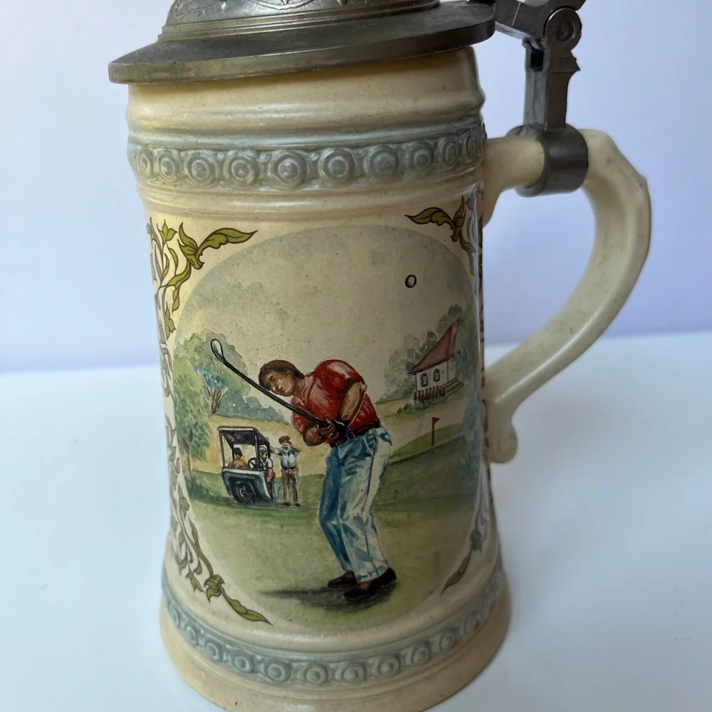 Vintage Ceramic German Beer Stein with Golf Scene and Pewter lid